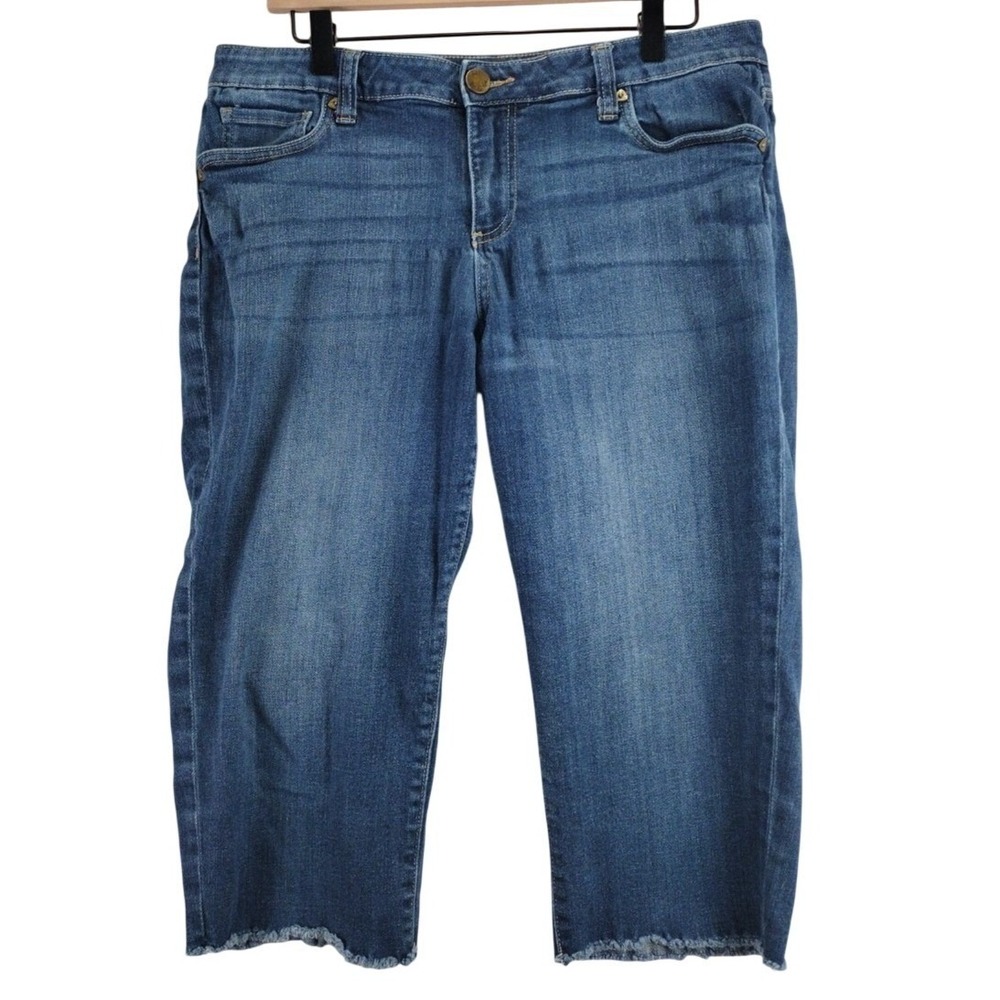 KUT from the Kloth Natalie Bootcut Crop Jeans Womens 12 Blue Distressed Fray Hem